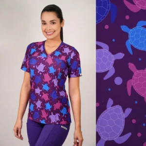 DELANTAL MUJER TELA ELASTICADA ESTAMPADA TORTUGA. COMBINA CON MORADO - ART. 2497