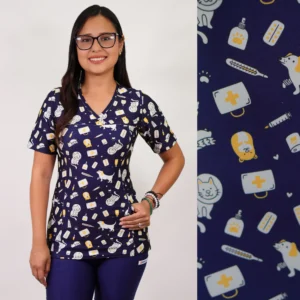 DELANTAL MUJER TELA ELASTICADA ESTAMPADA ANIMALITOS. COMBINA CON AZUL MARINO - ART. 2504