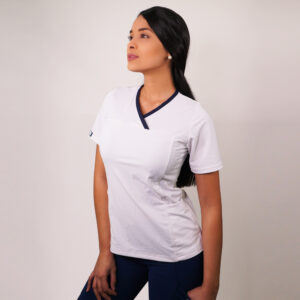 DELANTAL MUJER TELA ELASTICADA. BLANCO CON AZUL MARINO - ART. 2131