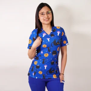 DELANTAL MUJER TELA ELASTICADA ESTAMPADA HALLOWEEN. COMBINA CON AZUL REY - ART. 2475