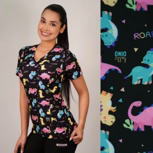 DELANTAL MUJER TELA ELASTICADA ESTAMPADA DINOSAURIOS. COMBINA CON NEGRO - ART. 2516