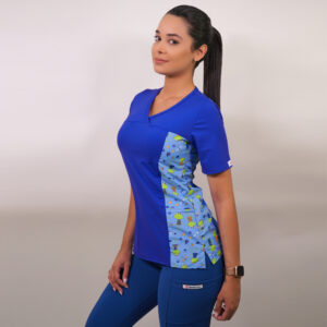 DELANTAL MUJER TELA ELASTICADA C/APLIC. ESTAMPADA AL COSTADO. AZUL REY - ART. LQ-1
