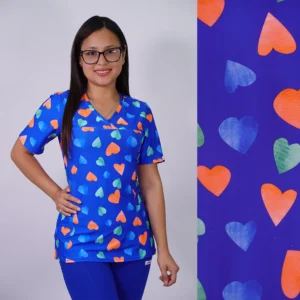 DELANTAL MUJER TELA ELASTICADA- ESTAMPADO CORAZONES COLORES - AZUL REY - ART. 2525
