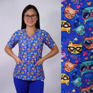 DELANTAL MUJER TELA ELASTICADA- ESTAMPADO GATITOS LENTES- AZUL REY - ART. 2539