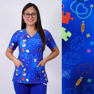 DELANTAL MUJER TELA ELASTICADA- ESTAMPADO ROMPECABEZAS- AZUL REY - ART. 2540
