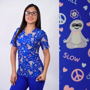 DELANTAL MUJER TELA ELASTICADA- ESTAMPADO PEREZOSO- AZUL REY - ART. 2541