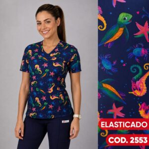 DELANTAL MUJER TELA ELASTICADA- ESTAMPADO CABALLITOS DE MAR- AZUL MARINO - ART. 2553